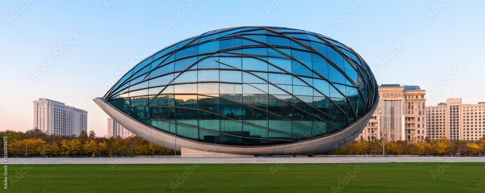Poster a modern, glass-structured building resembling an egg, surrounded by greenery and urban architecture