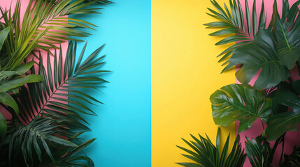 Obraz premium Tropical palm leaves on vibrant pink, blue, and yellow background, Minimalist blank background with copy space for text