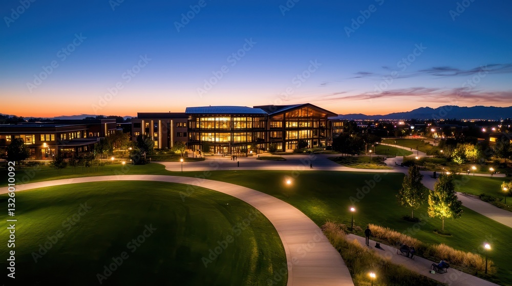 Poster A modern building illuminated at dusk, surrounded by pathways and greenery, with mountains in the background creating a scenic atmosphere.