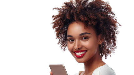 Smiling young woman holding smartphone with transparent background