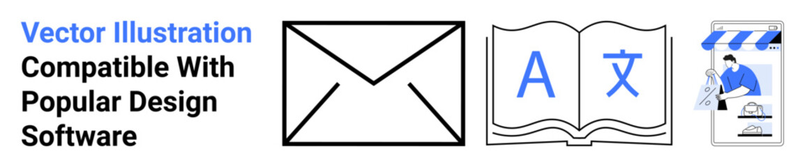 Obraz premium Envelope for email, book with translation icons, and online storefront. Ideal for communication, translation, e-learning, e-commerce, global connectivity, education flat landing page banner