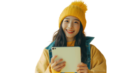 Smiling young woman holding digital tablet with transparent background