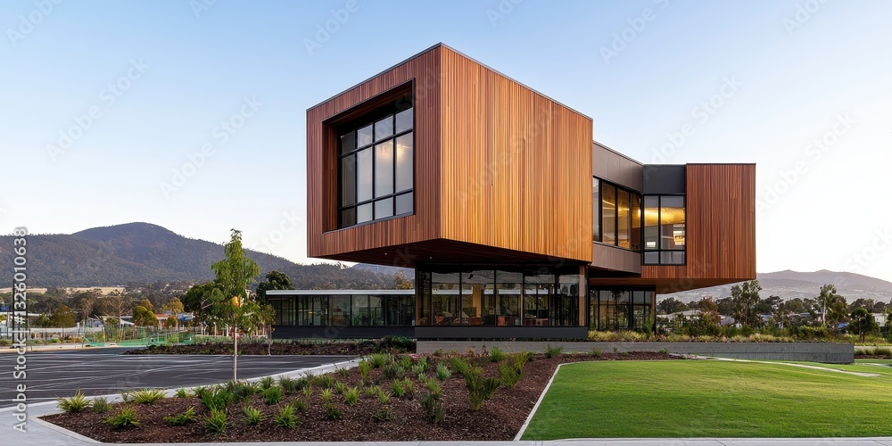 Poster a modern architectural structure with wooden cladding, large glass windows, and a unique design, set
