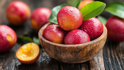 Fresh camu camu fruit in wooden bowl with water droplets