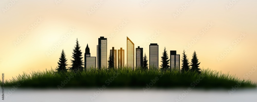 Poster a skyline silhouette featuring modern buildings and trees set against a soft, gradient background.