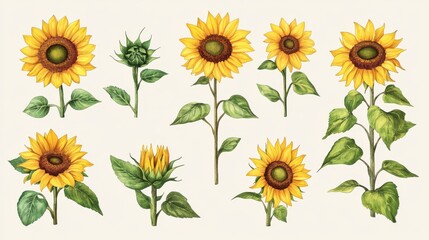 105.A collection of sunflower illustrations showcasing different growth stages, from buds to full bloom. The set features hand-drawn details with bold outlines and soft watercolor effects in sunny