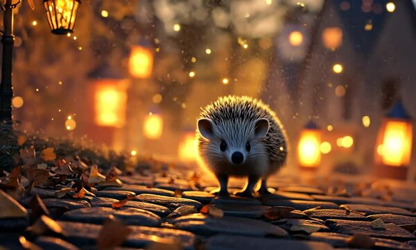A charming hedgehog exploring a cobblestone path illuminated by glowing lanterns in a serene evening