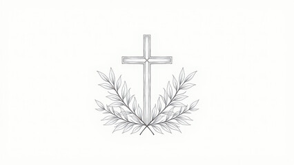Black and white illustration of a Christian cross with laurel leaves at its base on a grey background.