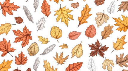 Fototapeta premium 116.A hand-drawn collection of autumn leaves, including maple, oak, and birch, illustrated with intricate doodle details. The leaves are in warm tones of orange, yellow, and brown, arranged on a