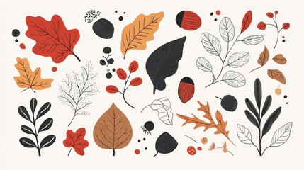 Obraz premium 118.A playful autumn illustration set with hand-sketched leaves, acorns, and twigs. The design features a mix of bold and muted fall colors, with each element outlined in black for a striking