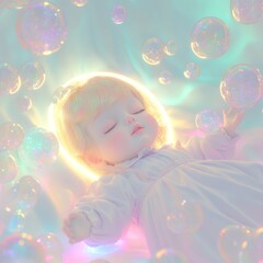 Fototapeta premium Dreamy slumber, A serene doll cradled in a bubble-filled pastel paradise