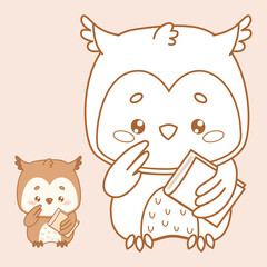 Wise Owl with holding book. Outline and color cute kawaii bird character. Line drawing, coloring book. Isolated Vector illustrations. Kids collection.