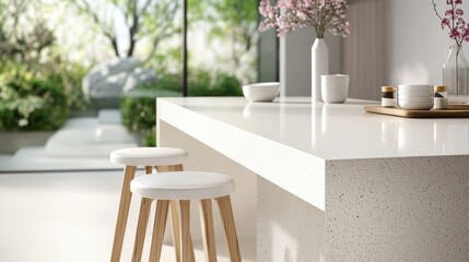 Beige and White Kitchen Close up of a beige kitchen island with white countertops and bar stools, ideal for casual dining and entertaining.