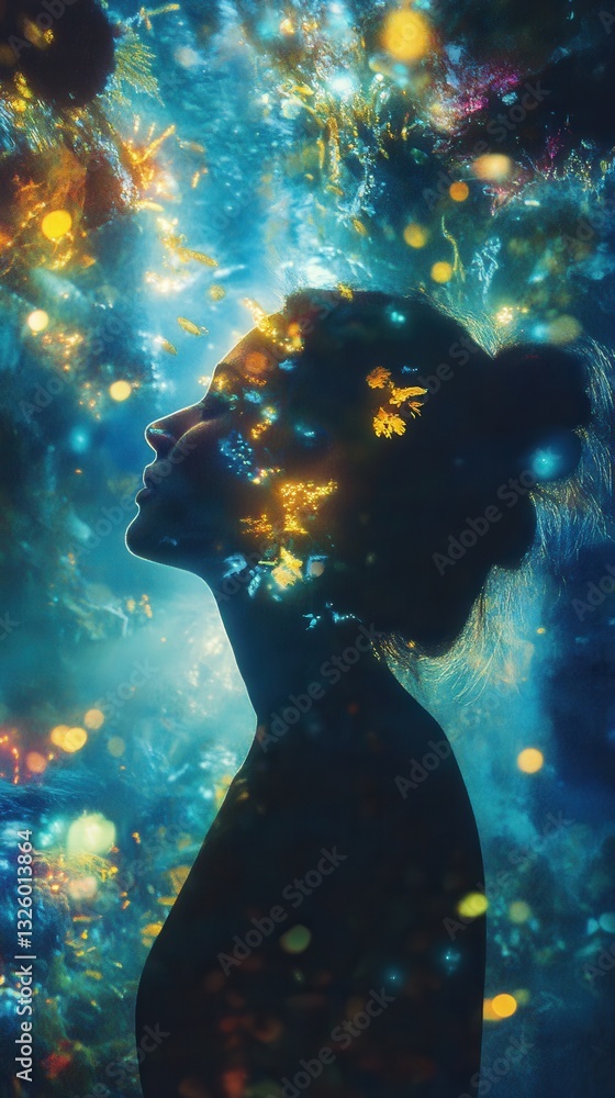 Poster Glowing profile of a woman surrounded by vibrant light and abstract patterns in a mystical atmosphere
