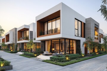 Row of modern minimalist townhouses with white walls and wooden accents in Dubai at sunrise. Large windows and greenery add elegance and tranquility.