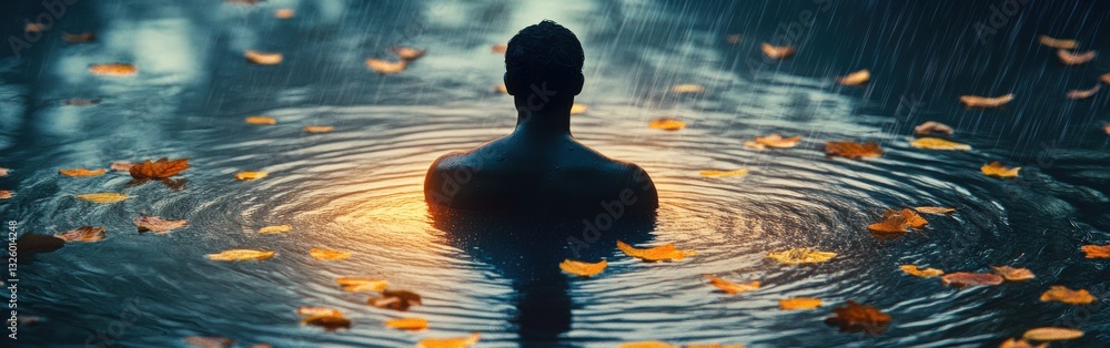 Poster conceptual portrayal of a glowing man immersed in a tranquil water setting during autumn rain