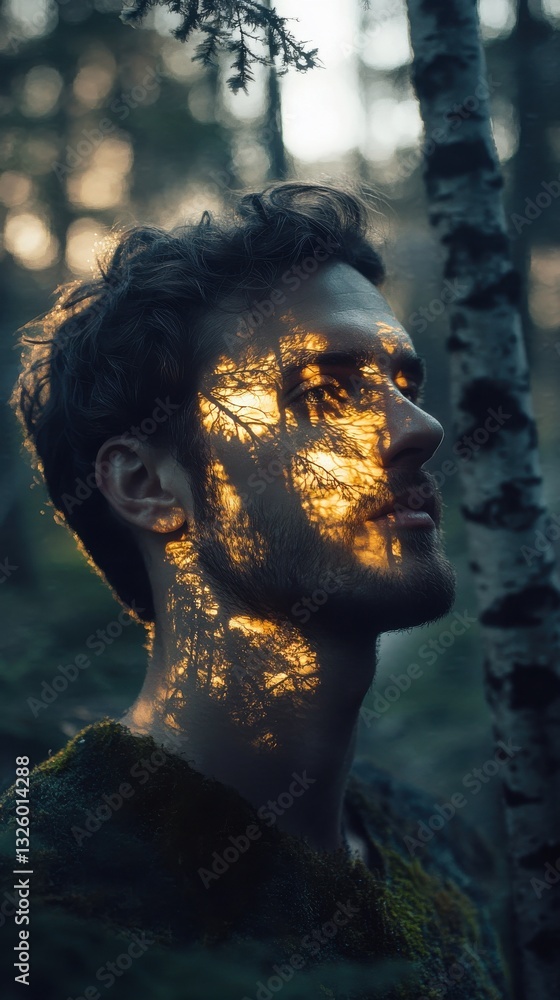 Poster man illuminated by nature in a forest during twilight, showcasing a blend of light and shadows on hi