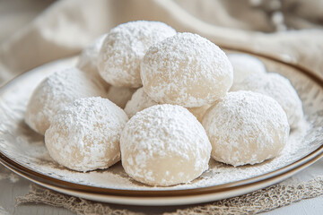 Fototapeta premium Buttery Snowball Cookies with Sweetened Condensed Milk and Powdered Sugar Coating