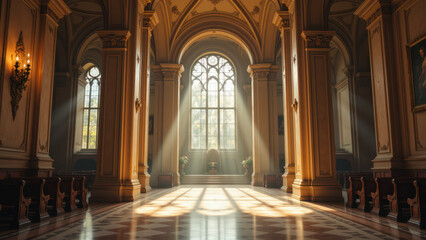 Fototapeta premium A serene church interior with natural light streaming through a stained glass window.