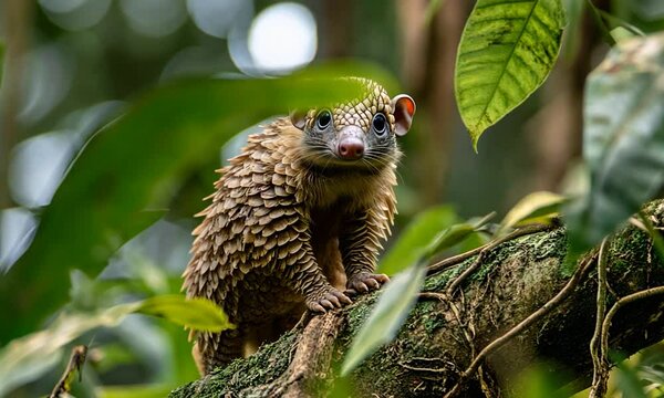 A close-up of a spiny mammal perched on a branch in a lush green rainforest, surrounded by foliage