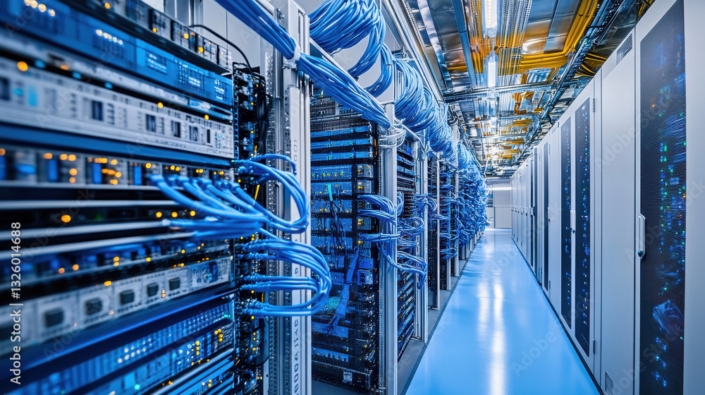 Poster a modern data center with rows of blue server cabinets, connected by network cables and monitoring e
