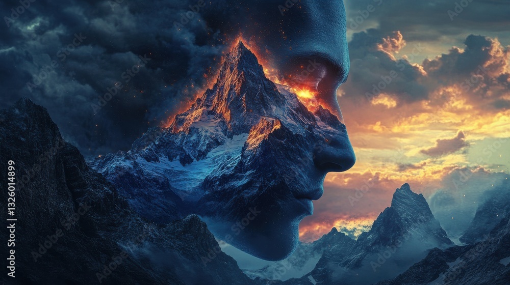 Poster conceptual representation of a man's glowing face with mountains and sunset backdrop