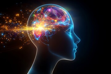 Thinking Mind Brainwaves emit brightly on a black background, concept idea use