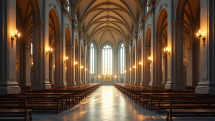 Obraz premium Empty church interior illuminated by sunlight.