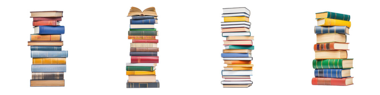 A collection of stacked books arranged in vertical columns, showcasing a variety of colors and sizes.