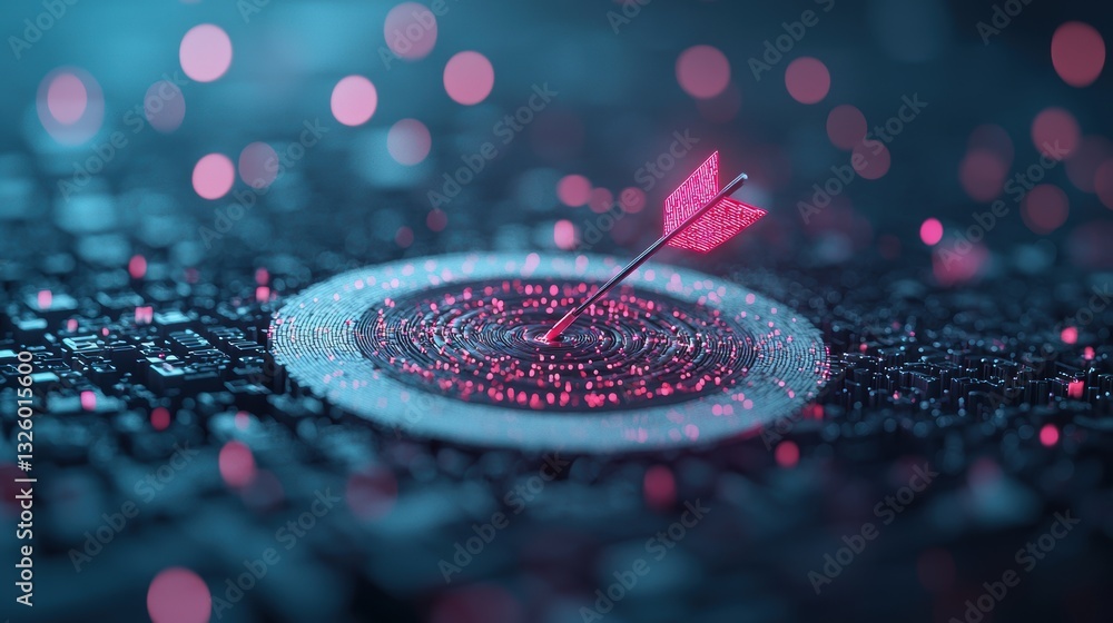 Poster digital targeting icons a bullseye target with a digital arrow hitting the center, symbolizing accur