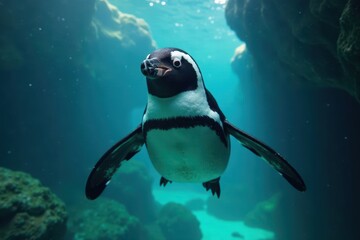 Naklejka premium Humboldt penguin swimming underwater, close-up, water, wildlife photography