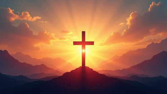 This image depicts a vibrant Christian scene at sunrise with a cross prominently featured against a mountainous horizon.