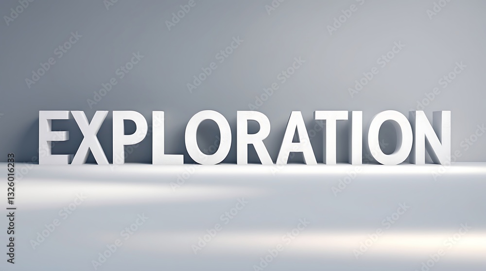Poster exploration text displayed in bold three-dimensional letters on a minimalist surface