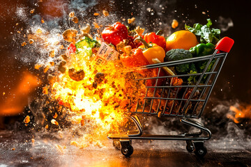 US, Europe, Russia, China Inflation as Food price increase cause. Collage with shopping trolley and goods on fire. Percentages of season discounts
