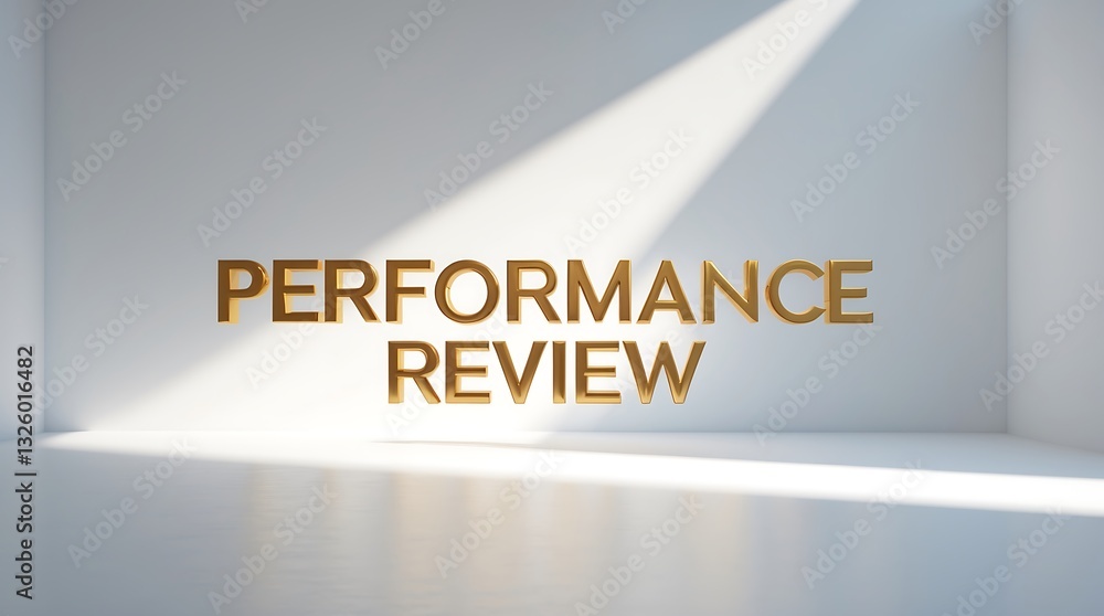 Poster performance review text illuminated by soft light in an empty room with minimal decor