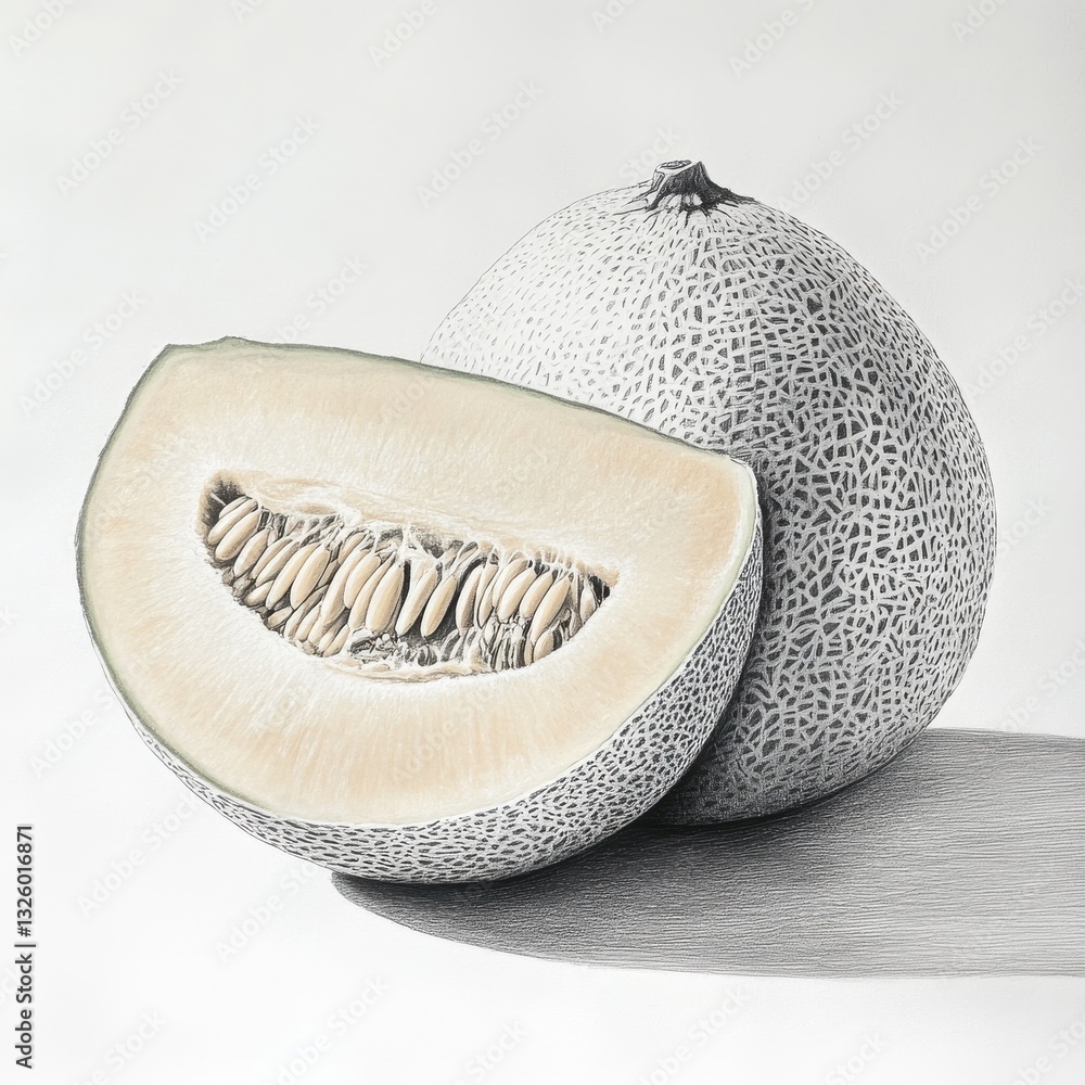 Poster cantaloupe melon halved revealing intricate seed structure and smooth inner flesh