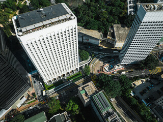 Spectacular aerial panorama of Hong Kong city, showcasing skyscrapers and a dense, sprawling urban...