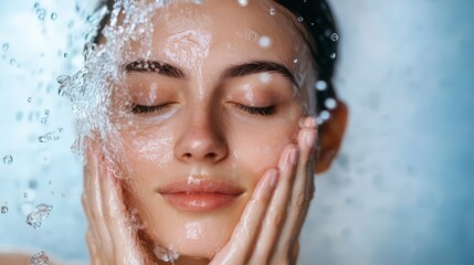 Young Person Cleansing Face With Water Splash Close Up Description