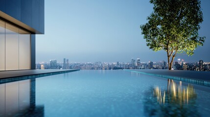 Naklejka premium Modern Rooftop Pools Evening view of a rooftop pool with city lights twinkling in the background, creating a glamorous and sophisticated ambiance.