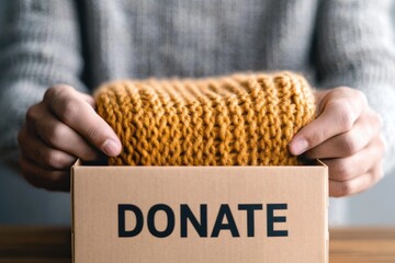Young man donating warm clothing for charity, mid range shot capturing the act of generosity and community support