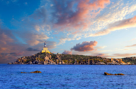 Panoramic view of the Isola dei Cavoli Lighthouse, Sardinia, Italy.