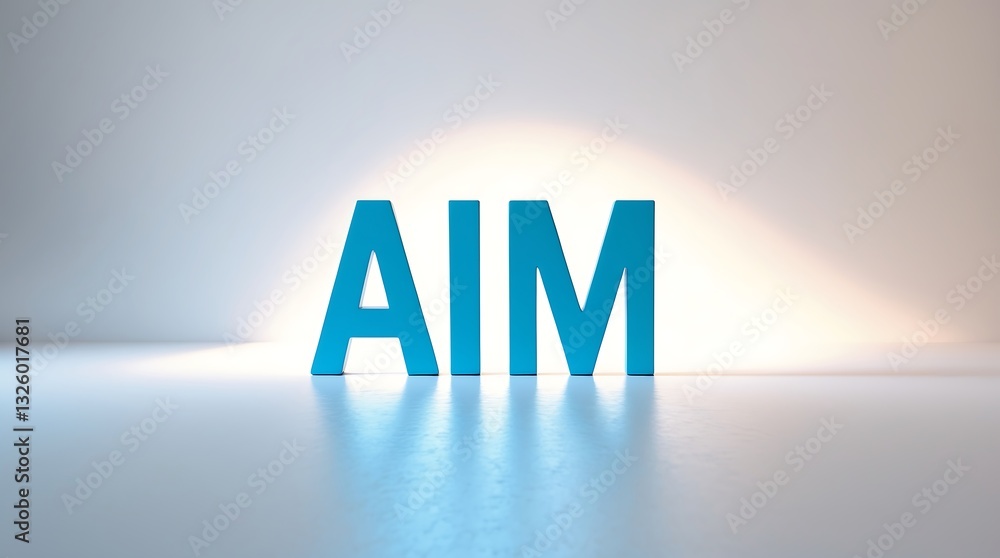 Poster simple blue letters spelling aim with soft lighting creating a subtle shadow effect