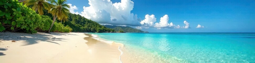 Fototapeta premium Sun-drenched Seychelles beach, turquoise water Idyllic tropical paradise , photo, beach