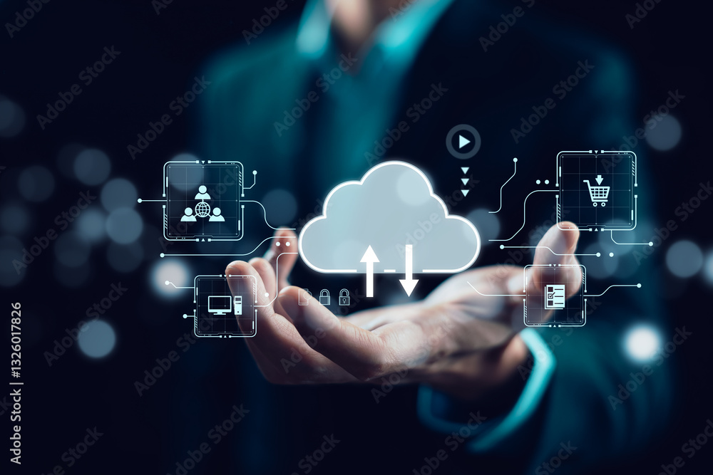Poster cloud technology concept global network of metaverse systems concept, man hand touch data with inter