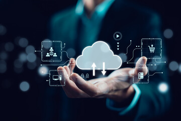 Cloud technology concept Global network of metaverse systems concept, Man hand touch data with...