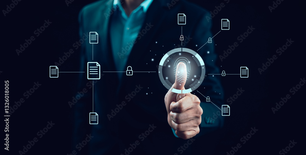 Poster businessman working on laptop with virtual screen. online documentation database, it consultant bein