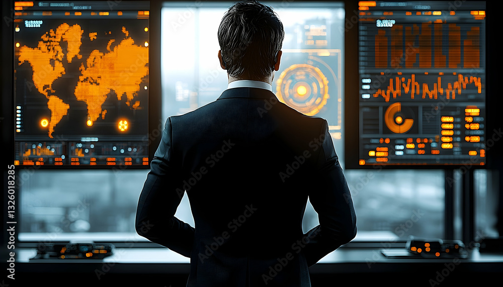 Poster businessman observing multiple screens with data displays