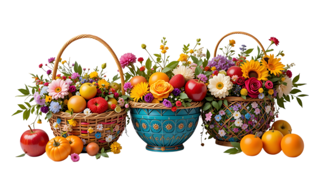 Colorful decorative baskets filled with fruits and flowers isolated on png