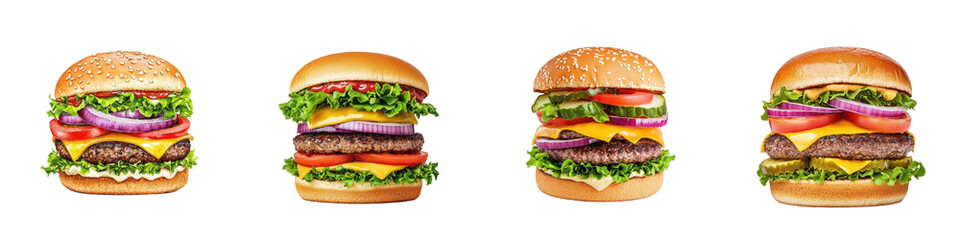 Four appetizing burgers stacked with layers of lettuce, tomatoes, cheese, and sauces, showcasing different styles and ingredients.