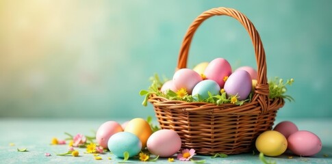 Naklejka premium Wicker basket overflowing with pastel-colored eggs , tradition, joy